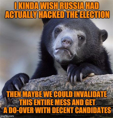 Confession Bear Meme | I KINDA WISH RUSSIA HAD ACTUALLY HACKED THE ELECTION; THEN MAYBE WE COULD INVALIDATE THIS ENTIRE MESS AND GET A DO-OVER WITH DECENT CANDIDATES | image tagged in memes,confession bear | made w/ Imgflip meme maker