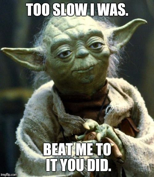 Star Wars Yoda Meme | TOO SLOW I WAS. BEAT ME TO IT YOU DID. | image tagged in memes,star wars yoda | made w/ Imgflip meme maker