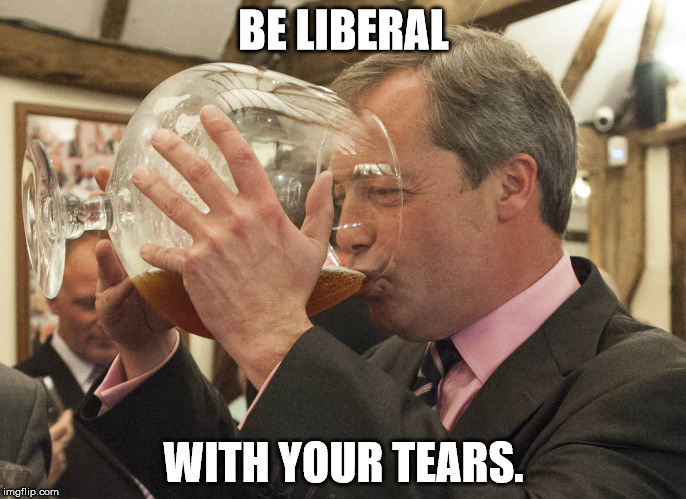 BE LIBERAL WITH YOUR TEARS. | BE LIBERAL; WITH YOUR TEARS. | image tagged in liberal tears,farage | made w/ Imgflip meme maker