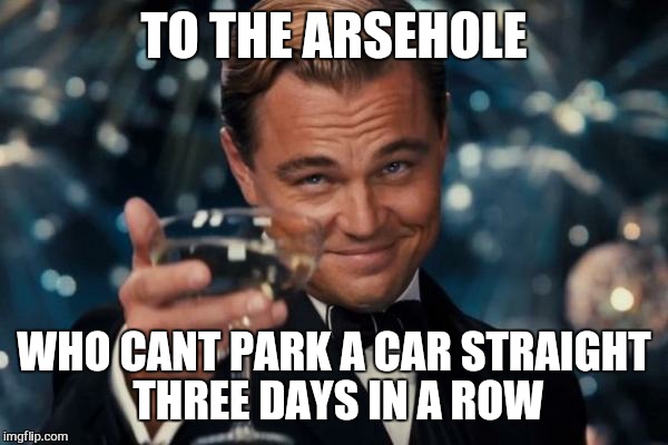 How hard is it ?  |  TO THE ARSEHOLE; WHO CANT PARK A CAR STRAIGHT THREE DAYS IN A ROW | image tagged in memes,leonardo dicaprio cheers,handicapped parking space | made w/ Imgflip meme maker