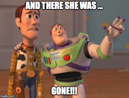 X, X Everywhere Meme | AND THERE SHE WAS ... GONE!!! | image tagged in memes,x x everywhere | made w/ Imgflip meme maker