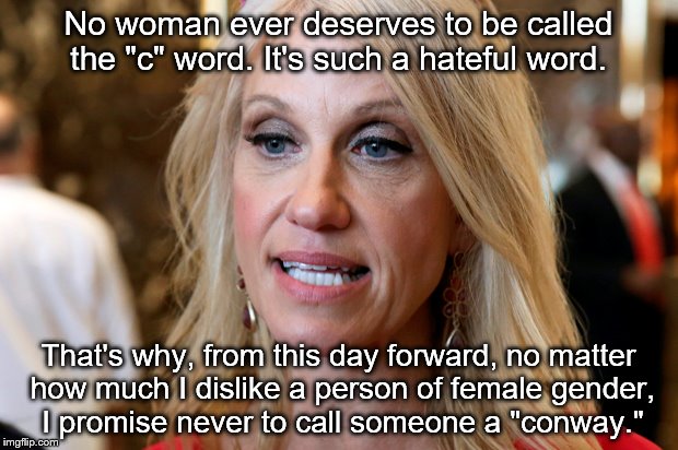 The "c" word | No woman ever deserves to be called the "c" word. It's such a hateful word. That's why, from this day forward, no matter how much I dislike a person of female gender, I promise never to call someone a "conway." | image tagged in kellyanne conway | made w/ Imgflip meme maker