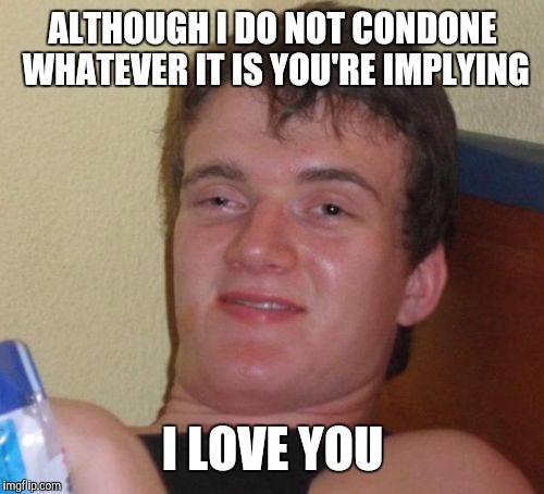 10 Guy Meme | ALTHOUGH I DO NOT CONDONE WHATEVER IT IS YOU'RE IMPLYING I LOVE YOU | image tagged in memes,10 guy | made w/ Imgflip meme maker