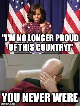 "I'M NO LONGER PROUD OF THIS COUNTRY!"; YOU NEVER WERE | image tagged in michelle obama | made w/ Imgflip meme maker