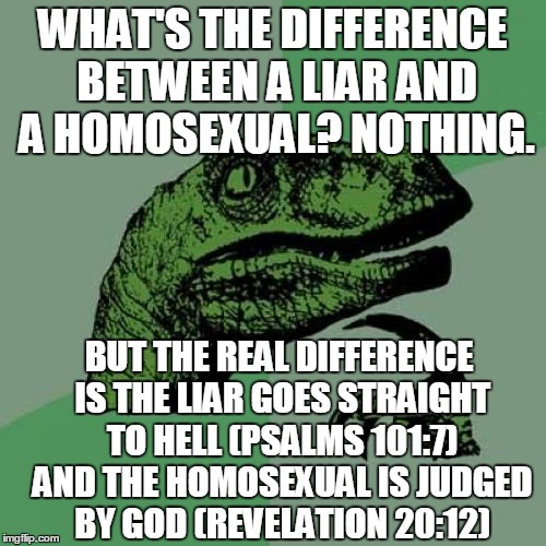 Philosoraptor | WHAT'S THE DIFFERENCE BETWEEN A LIAR AND A HOMOSEXUAL? NOTHING. BUT THE REAL DIFFERENCE IS THE LIAR GOES STRAIGHT TO HELL (PSALMS 101:7) AND THE HOMOSEXUAL IS JUDGED BY GOD (REVELATION 20:12) | image tagged in memes,philosoraptor | made w/ Imgflip meme maker