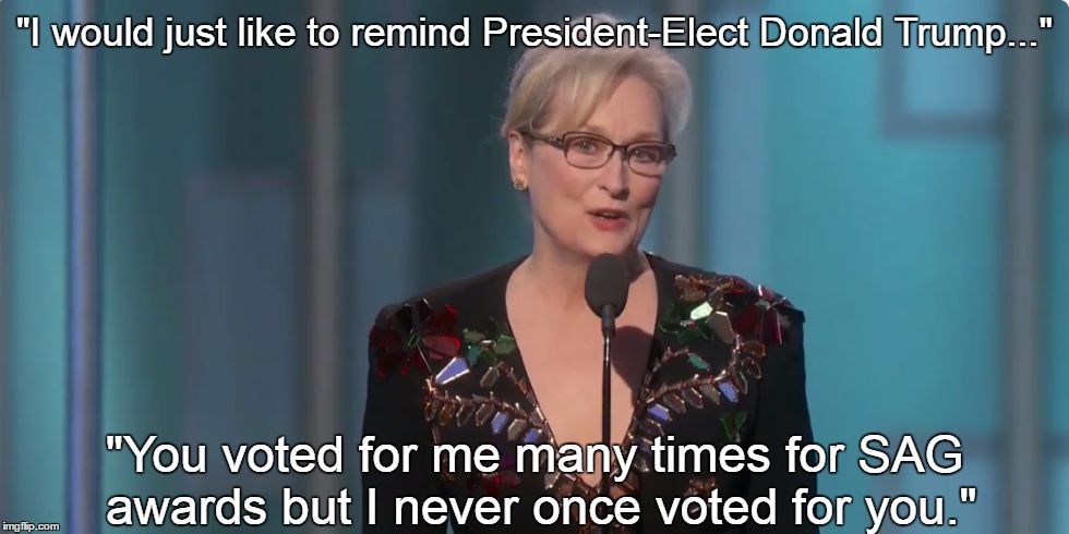 Meryl Streep | "I would just like to remind President-Elect Donald Trump..."; "You voted for me many times for SAG awards but I never once voted for you." | image tagged in meryl streep | made w/ Imgflip meme maker