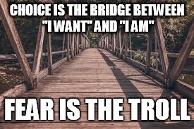 CHOICE IS THE BRIDGE BETWEEN "I WANT" AND "I AM"; FEAR IS THE TROLL | image tagged in peace | made w/ Imgflip meme maker