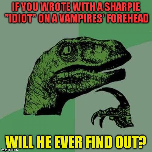Philosoraptor Meme | IF YOU WROTE WITH A SHARPIE "IDIOT" ON A VAMPIRES' FOREHEAD; WILL HE EVER FIND OUT? | image tagged in memes,philosoraptor | made w/ Imgflip meme maker