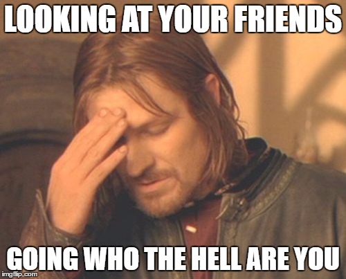 Frustrated Boromir Meme | LOOKING AT YOUR FRIENDS; GOING WHO THE HELL ARE YOU | image tagged in memes,frustrated boromir | made w/ Imgflip meme maker