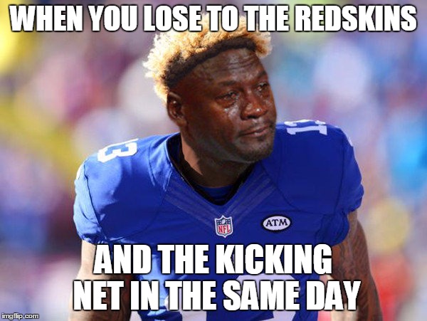 Crying Jordan-Odell | WHEN YOU LOSE TO THE REDSKINS; AND THE KICKING NET IN THE SAME DAY | image tagged in odell beckham jr,nfl,crying michael jordan | made w/ Imgflip meme maker