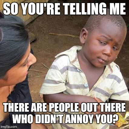 Third World Skeptical Kid Meme | SO YOU'RE TELLING ME THERE ARE PEOPLE OUT THERE WHO DIDN'T ANNOY YOU? | image tagged in memes,third world skeptical kid | made w/ Imgflip meme maker