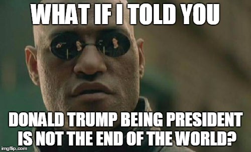 Matrix Morpheus Meme | WHAT IF I TOLD YOU; DONALD TRUMP BEING PRESIDENT IS NOT THE END OF THE WORLD? | image tagged in memes,matrix morpheus | made w/ Imgflip meme maker