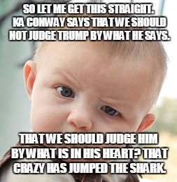 Skeptical Baby | SO LET ME GET THIS STRAIGHT. KA CONWAY SAYS THAT WE SHOULD NOT JUDGE TRUMP BY WHAT HE SAYS. THAT WE SHOULD JUDGE HIM BY WHAT IS IN HIS HEART? THAT CRAZY HAS JUMPED THE SHARK. | image tagged in memes,skeptical baby | made w/ Imgflip meme maker