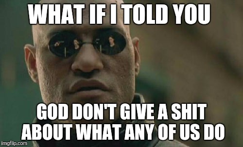 Matrix Morpheus Meme | WHAT IF I TOLD YOU; GOD DON'T GIVE A SHIT ABOUT WHAT ANY OF US DO | image tagged in memes,matrix morpheus | made w/ Imgflip meme maker