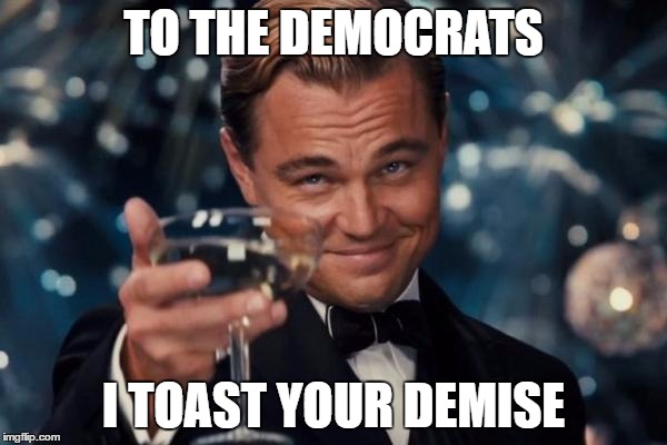 Leonardo Dicaprio Cheers | TO THE DEMOCRATS; I TOAST YOUR DEMISE | image tagged in memes,leonardo dicaprio cheers | made w/ Imgflip meme maker