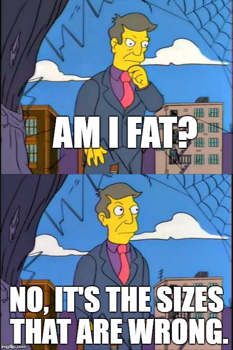 Skinner | AM I FAT? NO, IT'S THE SIZES THAT ARE WRONG. | image tagged in skinner | made w/ Imgflip meme maker