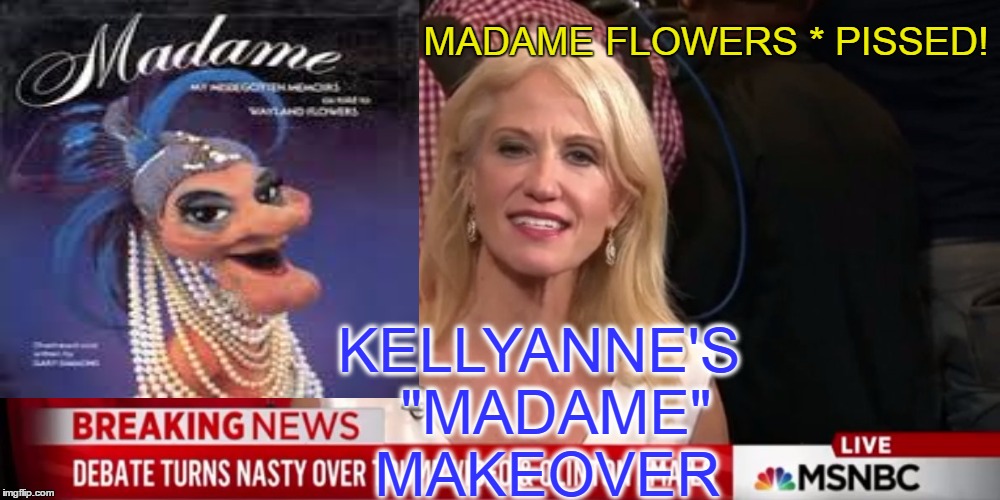 Copycat under fire | MADAME FLOWERS * PISSED! KELLYANNE'S  "MADAME" MAKEOVER | image tagged in kellyanne conway,funny memes,political meme | made w/ Imgflip meme maker