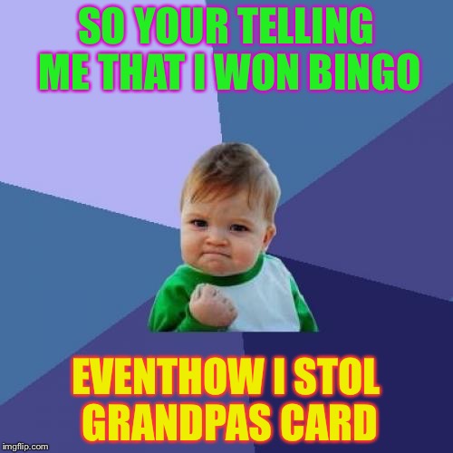 Success Kid | SO YOUR TELLING ME THAT I WON BINGO; EVENTHOW I STOL GRANDPAS CARD | image tagged in memes,success kid | made w/ Imgflip meme maker