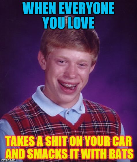 Bad Luck Brian | WHEN EVERYONE YOU LOVE; TAKES A SHIT ON YOUR CAR AND SMACKS IT WITH BATS | image tagged in memes,bad luck brian | made w/ Imgflip meme maker