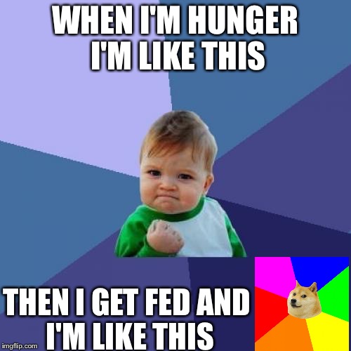 Success Kid | WHEN I'M HUNGER I'M LIKE THIS; THEN I GET FED
AND I'M LIKE THIS | image tagged in memes,success kid | made w/ Imgflip meme maker