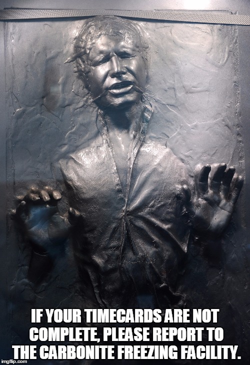 IF YOUR TIMECARDS ARE NOT COMPLETE, PLEASE REPORT TO THE CARBONITE FREEZING FACILITY. | image tagged in han solo frozen carbonite | made w/ Imgflip meme maker