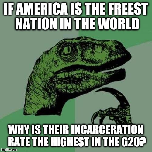 693 prisoners per 100 000 people. | IF AMERICA IS THE FREEST NATION IN THE WORLD; WHY IS THEIR INCARCERATION RATE THE HIGHEST IN THE G20? | image tagged in memes,philosoraptor,america,freedom,jail,prison | made w/ Imgflip meme maker