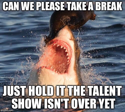 Travelonshark Meme | CAN WE PLEASE TAKE A BREAK; JUST HOLD IT THE TALENT SHOW ISN'T OVER YET | image tagged in memes,travelonshark | made w/ Imgflip meme maker
