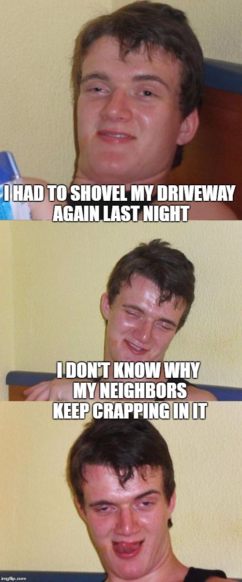 10 Guy Cleans Up | I HAD TO SHOVEL MY DRIVEWAY AGAIN LAST NIGHT; I DON'T KNOW WHY MY NEIGHBORS KEEP CRAPPING IN IT | image tagged in bad pun 10 guy,memes,bad pun,10 guy,crap,turds | made w/ Imgflip meme maker
