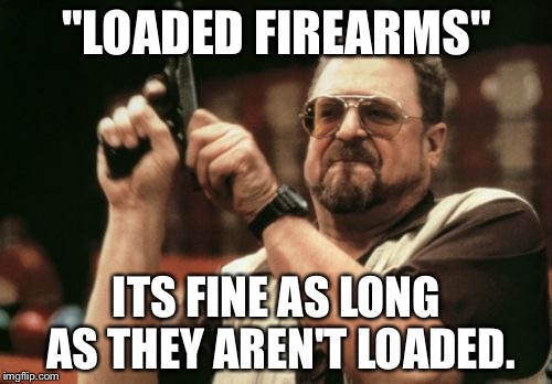 Am I The Only One Around Here Meme | "LOADED FIREARMS" ITS FINE AS LONG AS THEY AREN'T LOADED. | image tagged in memes,am i the only one around here | made w/ Imgflip meme maker
