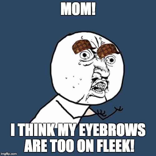 Y U No | MOM! I THINK MY EYEBROWS ARE TOO ON FLEEK! | image tagged in memes,y u no,scumbag | made w/ Imgflip meme maker