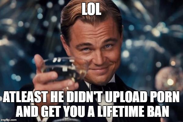 Leonardo Dicaprio Cheers Meme | LOL ATLEAST HE DIDN'T UPLOAD PORN AND GET YOU A LIFETIME BAN | image tagged in memes,leonardo dicaprio cheers | made w/ Imgflip meme maker