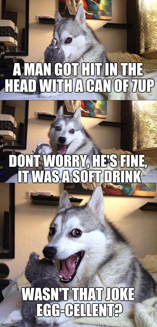Bad Pun Dog Meme | A MAN GOT HIT IN THE HEAD WITH A CAN OF 7UP; DONT WORRY, HE'S FINE, IT WAS A SOFT DRINK; WASN'T THAT JOKE EGG-CELLENT? | image tagged in memes,bad pun dog | made w/ Imgflip meme maker