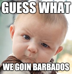 Skeptical Baby | GUESS WHAT; WE GOIN BARBADOS | image tagged in memes,skeptical baby | made w/ Imgflip meme maker