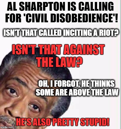 al NOT SO SHARP ton | AL SHARPTON IS CALLING FOR 'CIVIL DISOBEDIENCE'! ISN'T THAT CALLED INCITING A RIOT? ISN'T THAT AGAINST THE LAW? OH, I FORGOT, HE THINKS SOME ARE ABOVE THE LAW; HE'S ALSO PRETTY STUPID! | image tagged in al sharpton,memes,thug | made w/ Imgflip meme maker