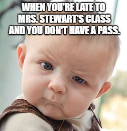 Skeptical Baby Meme | WHEN YOU'RE LATE TO MRS. STEWART'S CLASS AND YOU DON'T HAVE A PASS. | image tagged in memes,skeptical baby | made w/ Imgflip meme maker