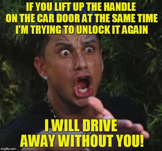 DJ Pauly D Meme | IF YOU LIFT UP THE HANDLE ON THE CAR DOOR AT THE SAME TIME I'M TRYING TO UNLOCK IT AGAIN; I WILL DRIVE AWAY WITHOUT YOU! | image tagged in memes,dj pauly d | made w/ Imgflip meme maker