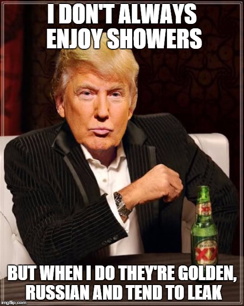 He's No Whiz Kid But It Could Explain The Hair | I DON'T ALWAYS ENJOY SHOWERS; BUT WHEN I DO THEY'RE GOLDEN, RUSSIAN AND TEND TO LEAK | image tagged in donald trump,golden showers,the russians did it | made w/ Imgflip meme maker