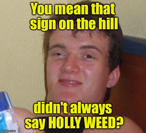 10 Guy Meme | You mean that sign on the hill; didn't always say HOLLY WEED? | image tagged in memes,10 guy | made w/ Imgflip meme maker