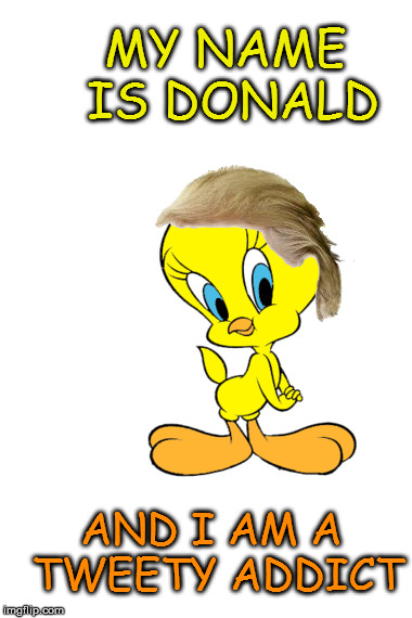 Tweety Trump | MY NAME IS
DONALD; AND I AM A TWEETY ADDICT | image tagged in trump tweety,tweety bird,tweet addict | made w/ Imgflip meme maker