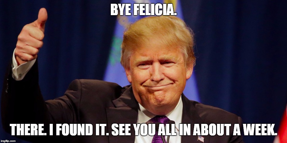 BYE FELICIA. THERE. I FOUND IT. SEE YOU ALL IN ABOUT A WEEK. | image tagged in donald trump | made w/ Imgflip meme maker