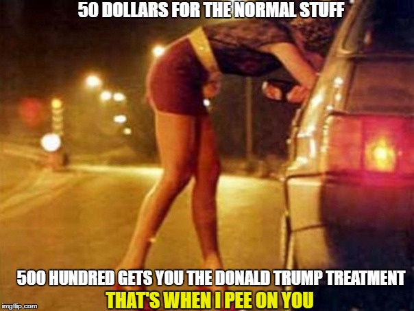 The Full Trump Treatment | 50 DOLLARS FOR THE NORMAL STUFF; 500 HUNDRED GETS YOU THE DONALD TRUMP TREATMENT; THAT'S WHEN I PEE ON YOU | image tagged in prostitute,trump,golden showers,pee,bigly,funny | made w/ Imgflip meme maker