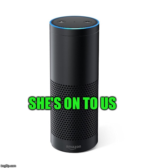 Amazon Echo | SHE'S ON TO US | image tagged in amazon echo | made w/ Imgflip meme maker