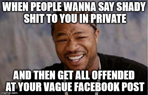 Yo Dawg Heard You Meme | WHEN PEOPLE WANNA SAY SHADY SHIT TO YOU IN PRIVATE; AND THEN GET ALL OFFENDED AT YOUR VAGUE FACEBOOK POST | image tagged in memes,yo dawg heard you | made w/ Imgflip meme maker