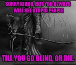 grim reaper | SORRY KIDDO, BUT YOU ALWAYS WILL SEE STUPID PEOPLE TILL YOU GO BLIND, OR DIE. | image tagged in grim reaper | made w/ Imgflip meme maker