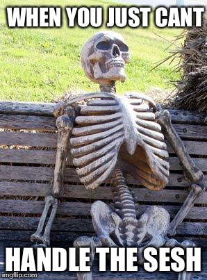 Waiting Skeleton | WHEN YOU JUST CANT; HANDLE THE SESH | image tagged in memes,waiting skeleton | made w/ Imgflip meme maker