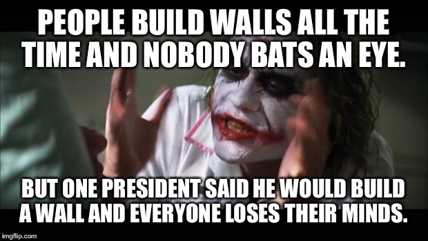 And everybody loses their minds | PEOPLE BUILD WALLS ALL THE TIME AND NOBODY BATS AN EYE. BUT ONE PRESIDENT SAID HE WOULD BUILD A WALL AND EVERYONE LOSES THEIR MINDS. | image tagged in memes,and everybody loses their minds | made w/ Imgflip meme maker