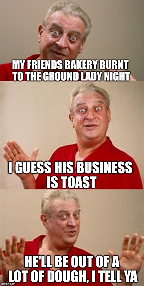 bad pun Dangerfield  | MY FRIENDS BAKERY BURNT TO THE GROUND LADY NIGHT; I GUESS HIS BUSINESS IS TOAST; HE'LL BE OUT OF A LOT OF DOUGH, I TELL YA | image tagged in bad pun dangerfield | made w/ Imgflip meme maker