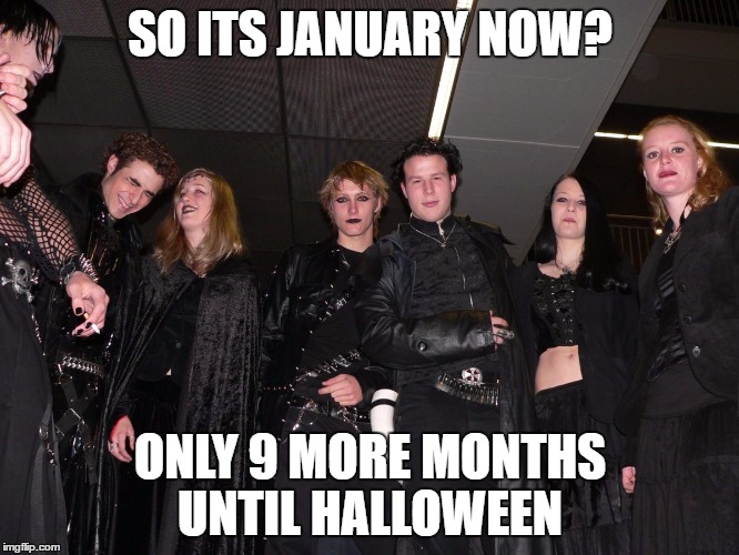 Is it time to count down the days to Halloween? | SO ITS JANUARY NOW? ONLY 9 MORE MONTHS UNTIL HALLOWEEN | image tagged in goth people,memes,goth memes | made w/ Imgflip meme maker