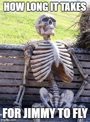 Waiting Skeleton | HOW LONG IT TAKES; FOR JIMMY TO FLY | image tagged in memes,waiting skeleton | made w/ Imgflip meme maker