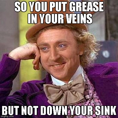 Creepy Condescending Wonka | SO YOU PUT GREASE IN YOUR VEINS; BUT NOT DOWN YOUR SINK | image tagged in memes,creepy condescending wonka | made w/ Imgflip meme maker